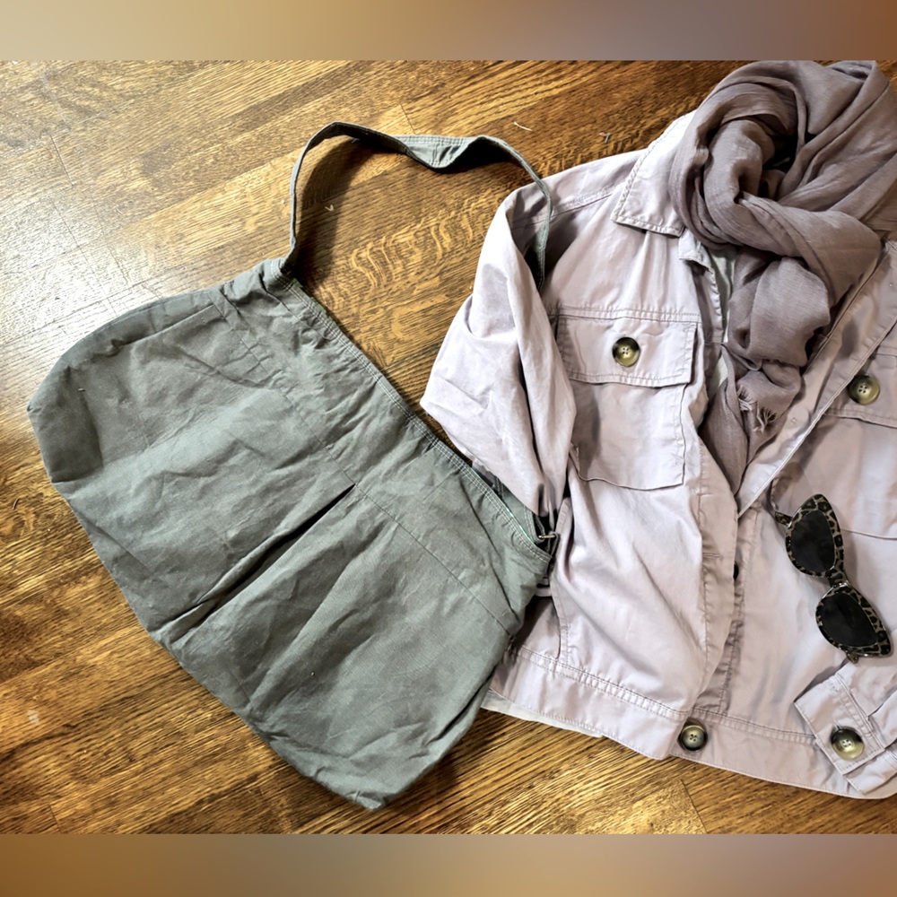 Custom artisan grey boho hobo tote/book bag with adjustable strap, cottagecore